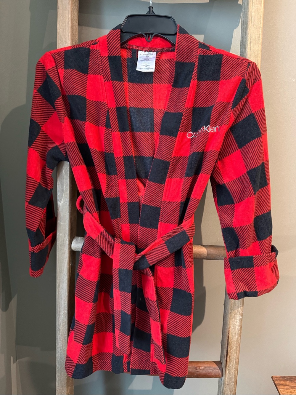 Calvin Klein Red and Black Buffalo Plaid Belted Robe